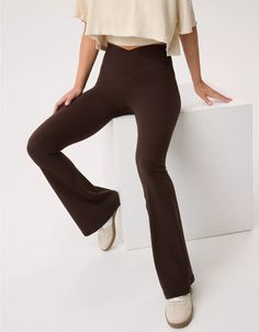 OFFLINE By Aerie Real Me High Waisted Crossover Flare Legging Aeire Aerie, Flare Leggings Outfit, Brown Flares, Boot Cut Leggings, Flare Legging, Aerie Real, Offline By Aerie, Flared Leggings, Bra Dress