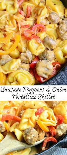 sausage peppers and onion tortellini skillet is shown in two different pans