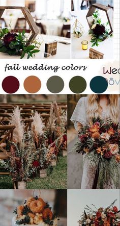 wedding color palettes for fall and winter with flowers, feathers, pumpkins, greenery