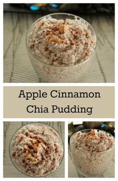 an apple cinnamon chia pudding in a glass bowl on top of a table with the words, apple cinnamon chia pudding