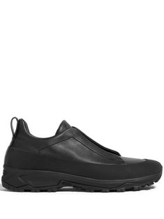 black calf leather logo-debossed tongue elasticated straps contrasting toecap pull-tab at the heel rubber lug sole Leather Slip-on Sneakers With Vibram Sole For Streetwear, Black Calf Leather Sneakers With Rubber Heel Cap, Modern Slip-on Sneakers With Vibram Sole, Modern Leather Slip-on Sneakers With Vibram Sole, Leather Slip-on Sneakers With Vibram Sole, Leather Slip-on Sneakers With Vibram Sole For Sports, Leather Low-top Slip-on Sneakers With Vibram Sole, Leather Slip-on Sneakers With Vibram Sole And Round Toe, Slip-on Calf Leather Sneakers With Contrast Sole