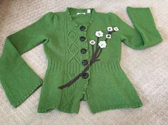 Length 22.5". In excellent condition. Comes from non smoking home. | eBay! Green Spring Sweater With Buttons, Fitted Spring Sweater With Buttons, Spring Green Sweater With Buttons, Green Button Sweater For Spring, Fitted Sweater With Buttons For Spring, Green Sweater Cardigan, Hippie Blouse, Striped Tops Women, Snow Dress