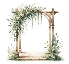 a watercolor painting of an arbor with flowers and greenery on the top, in front of a white background