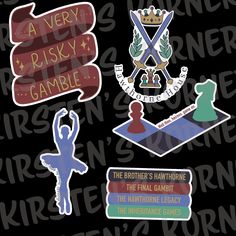 various stickers depicting different types of games and emblems on a black background with the words