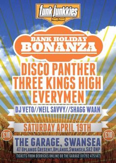 the funky junkies concert poster for bonanza, disco panther and three kings high