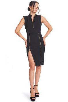 Explore the adaptability & versatility of our Just Zip It Dress. Boasting exposed functional gold zippers, this multipurpose LBD allows you to dictate the direction of your style. Crafted from stretch poly crepe, this midi dress showcases 1/4" thick shoulder pads and numerous functional zippers, including along the center back, front bodice, and skirt front princess seams. With the option to zip it closed for a more modest appearance, unzip it for a more alluring look, or find a middle ground. Y Working Dresses, Mandarin Dress, Mermaid Midi Dress, Bianca Dress, Zip Front Dress, Ponte Dress, Sleeveless Midi Dress, Princess Seams, Dress Zipper