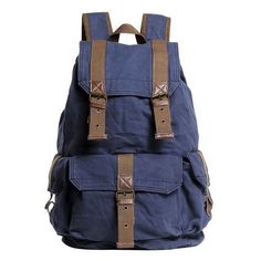 External Dimension: 20 * 12 * 9", Weight 2 Lb. Laced-Up Closure Under Flap Over Panel Three Outside Flap Over Button Closure Pockets Internal Zipper Pocket Vintage Brass Fitting Hardware; 16 Oz Durable Thick Canvas Casual School Backpack With Hasp Closure, Casual Navy Bag For Outdoor, Casual Navy Bags For Outdoor, Casual Everyday Backpack With Hasp Closure, Casual Navy Outdoor Bag, Functional Blue Satchel Backpack, Blue Travel Backpack With Pockets, Blue Outdoor Backpack Shoulder Bag, Casual Blue Duffle Bag For School