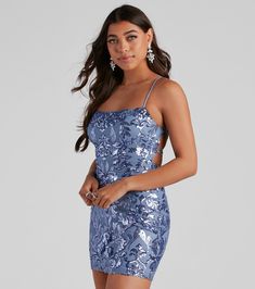 This party-ready sequin mini dress will have you sparkling all night! Featuring a sleeveless, square neck, sleek spaghetti straps, a bodycon silhouette, and a sultry open-back with lace-up and zipper closure. Complete the look in chic heels.Fit & FeaturesSleeveless, square neck, spaghetti strapsBodycon silhouetteMini-length hemOpen-back, lace-up strappy design, tie closure, zipper and hook and eye closureSequin scroll embroideryMesh-lined fabric, minimal stretchRuns true to size Mini Dress Blue, Chic Heels, Long Midi Dress, Dressy Dresses, Glitter Dress, Hoco Dresses, Sequin Mini, Sequin Mini Dress, Dress Blue