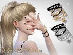 an image of a woman holding her hand up to her face with five different bracelets