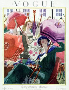 an old fashion magazine cover shows women with umbrellas and hats on their heads, one holding a parasol