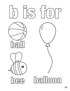 the letter b is for ball, bee balloon and basketball coloring page with words to color