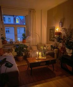 a living room filled with lots of furniture and plants in front of a large window