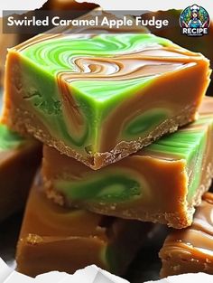 several pieces of swirled caramel apple fudge stacked on top of each other in front of the camera