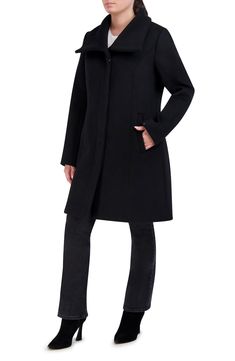 A showy collar and shapely seaming animate a wool-kissed coat that you'll reach for regularly. 36" length Front button closure Spread collar Front welt pockets Lined 65% polyester, 30% wool, 5% unidentified fibers Dry clean Imported Single-breasted Structured Outerwear, Elegant Cold Weather Outerwear With Pockets, Structured Wool Outerwear, Elegant Pea Coat With Stand Collar And Pockets, Classic Structured Black Outerwear, Structured Single Breasted Outerwear For Winter, Structured Single Breasted Winter Outerwear, Structured Single-breasted Winter Outerwear, Fitted Outerwear With Fold Down Collar For Winter