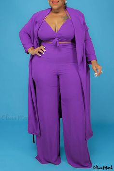 Olivia Mark - Professional Womens Plus Size Three-Piece Red Solid Color Casual Bandage V-Neck Outfit Set Fitted V-neck Solid Color Sets, Fitted Solid Color V-neck Sets, Two-piece V-neck Sets, Spring Solid Color V-neck Sets, Two-piece V-neck Workwear Set, Purple V-neck Summer Sets, Purple Fashion Casual, Outfit Plus Size, Plus Size Two Piece