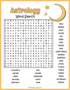 an astrology word search is shown with the moon and stars on it, as well as