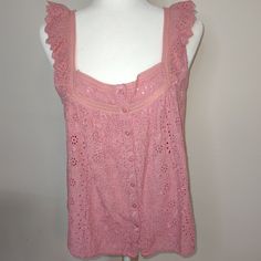 Luck Brand Coral Pink Eyelet Embroidered Tank Lace Insert Ruffle Accents Sleeveless, Square Neck Button Closure Three Sizes, Small Medium Or Large 100% Viscose Summer Cotton Eyelet Blouse, Cute Fitted Sleeveless Blouse, Cute Sleeveless Blouse, Cute Sleeveless Summer Blouse, Feminine Buttoned Tops For The Beach, Spring Cotton Crochet Top For Daywear, Feminine Buttoned Tops For Beach, Cute Sleeveless Top With Lace Trim, Cute Sleeveless Lace Trim Tops