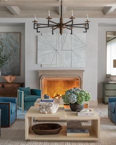 a living room filled with furniture and a fire place in the middle of the room