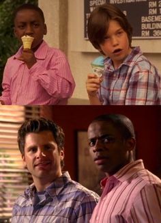 two men are eating ice cream and one man is holding an ice cream cone in his hand