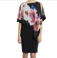 This Elegant Joseph Ribkoff Dress Redefines Eveningwear, With Its Floral Chiffon Overlay And Stretchy Underlayer. It's A Gorgeous Look For Transitioning Out Of Winter And Into Spring, And Works For Numerous Occasions. 52% Polyester, 48% Polyester (Recycled) No Pockets No Zipper Our Model Is 5'9"/175 Cm And Wears A Size 6. Approximate Length (Size 12): 40" - 102 Cm. This Dress Easily Stretches From 17-22" Pit To Pit And Is Approximately 32" Length. Note: The Print On This Dress Is The Print In Th Elegant Multicolor Chiffon Dress For Party, Spring Cocktail Dress With Overlay, Elegant Flowy Multicolor Chiffon Dress, Elegant Fitted Multicolor Chiffon Dress, Black Chiffon Summer Cocktail Dress, Black Chiffon Cocktail Dress For Summer, Spring Evening Chiffon Dress In Georgette, Spring Chiffon Dress With Overlay, Elegant Multicolor Chiffon Dress For Spring