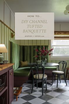 a table and chairs in a room with a checkered floor