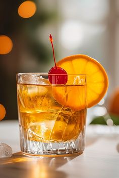 an orange drink with a cherry garnish on the rim and ice cubes