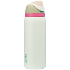 a white and pink water bottle on a white background