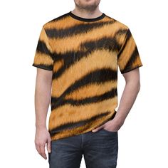 Men's Tiger Stripe T-shirt, Animal Fur Pattern Shirt, Wildlife Short Sleeve Tshirt -Unisex AOP Cut & Sew Tee This tee was created to be a versatile and stylish companion for all your casual appearances. With its uniquely textured, thick, microfiber-knit fabric, this t-shirt bears a premium, soft feel that remains lightweight and highly breathable - the perfect combo for a hot day or layering. .: 100% Polyester .: Light fabric (4.0 oz/yd² (113 g/m / (6.0 oz/yd² (170 g/m .: Regular fit .: Tagless Short Sleeve Tiger Print T-shirt For Summer, Tiger Print Short Sleeve T-shirt For Summer, Relaxed Fit All Over Print Crew Neck T-shirt, Yellow Short Sleeve Top With Sublimation Print, Yellow Cotton T-shirt With All Over Print, Summer Short Sleeve Tops With Tiger Print, Yellow Short Sleeve Top With All Over Print, Yellow Sublimation Print Short Sleeve T-shirt, Yellow T-shirt With Sublimation Print