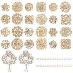 many different types of brooches are shown in this image, including diamonds and pearls