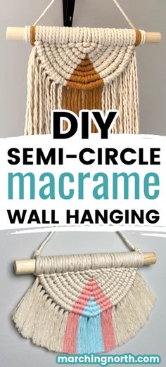 the diy semi - circle macrame wall hanging is made with yarn and wood