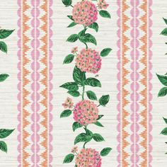 pink flowers and green leaves are on a white background with an orange, pink stripe