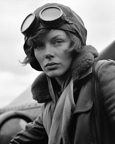 black and white photograph of a woman in aviator gear