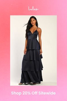 Be ready to stun in the Lulus Going with Elegance Navy Blue Satin Tiered Maxi Dress! Sleek satin shapes this gorgeous dress that has adjustable spaghetti straps, a deep V-neckline, and seamed triangle cups. A set-in waist tops flouncy tiers that end at a maxi hem. Open back. Hidden back zipper/clasp. Fit: This garment fits true to size. Length: Floor length. Size medium measures 56" from top to bottom. Bust: Great for any cup size. Waist: Fitted - very fitted at natural waist. Hip: Not Fitted - fuller skirt allows room for hips. Undergarments: May be worn with petals, or no bra. Fabric: Fabric has no stretch. Lined. Shell: 93% Polyester, 7% Spandex. Lining: 96% Polyester, 4% Spandex. Hand Wash Cold. Inside Out. Do Not Bleach. Flat Dry. Imported. Lulus | Going with Elegance Navy Blue Satin Fitted Tiered Maxi Dress For Prom, Fitted Empire Waist Maxi Dress For Date Night, Fitted Empire Waist Maxi Dress For Prom, Elegant Fitted Tiered Maxi Dress, Fitted Tiered Maxi Dress For Night Out, Tiered Gown, Lulu Fashion, Most Beautiful Dresses, Dress Out