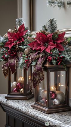 Christmas Lanterns Decorated Diy, Lantern Decor Diy, Christmas Lantern Decor, Lantern Decor Ideas, Decor Ideas For Christmas, Lantern Christmas Decor, Christmas Flower Decorations, Lantern Decor