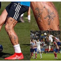 several pictures of soccer players with tattoos on their legs