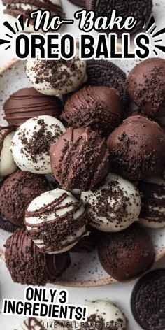 chocolate oreo balls on a plate with white frosting