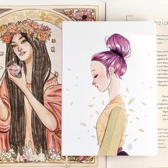 an open book with illustrations of women and flowers on the pages, in which there is a drawing of a woman's hair