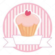 a cupcake with pink icing and a cherry on top is in the center of a striped circle