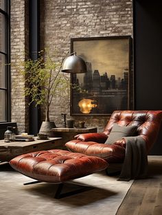 a living room with brick walls and a leather chaise lounge chair in front of a large window