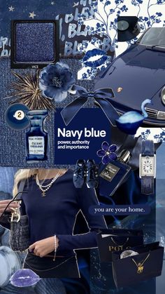 an advertisement for navy blue is shown in the middle of a collage with various items