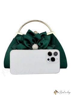 BirdinBag - Stylish Satin Clutch with Flower & Rhinestone Decor, Perfect for Parties, Weddings, and Proms Satin Clutch, Novelty Bags, Rhinestone Embellishments, Rhinestone Decor, Word Wrap, Green Pattern, Save The Planet, Evening Bags, Clutch Bag