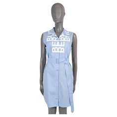 100% authentic Burberry Maisy shirt dress in light blue poplin cotton (100% - please not the content tag is missing) with logo-print in white. Features a round neck with band collar, a sleeveless relaxed silhouette with fishtail hem, a chest patch pocket and a matching belt. Opens with buttons down the front and is unlined. Has been worn and is in excellent condition. 2022 Spring/Summer Measurements Tag Size UK 4 / US 2 / IT 36 Size XXS Shoulder Width 37cm (14.4in) Bust From 92cm (35.9in) Waist Designer Cotton Spring Dresses, Designer Cotton Dresses For Spring, Designer Spring Shirt Dress For Daywear, Designer Shirt Dress For Spring Daywear, Blue Cotton Collared Shirt Dress, Light Blue Cotton Shirt Dress For Summer, Blue Sleeveless Cotton Shirt Dress, Light Blue Cotton Shirt Dress For Daywear, Blue Cotton Shirt Dress For Daywear