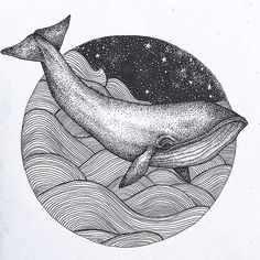 a black and white drawing of a whale floating in the ocean with stars above it