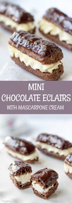 mini chocolate eclairs with mascarpone cream on top and in the middle