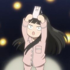 an anime character is holding her head in the air with one hand and looking up