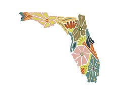 a map of the state of florida with colorful flowers and leaves on it's sides