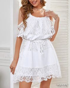 Lasaky - Off Shoulder Contrast Lace Casual Dress Casual Off-shoulder Lace Dress, Lace Casual Dress, Lace Dress Casual, Casual White Dress, Lace Neckline, Floral Lace Dress, Dress With Belt, Maxi Dresses Casual, Lace White Dress