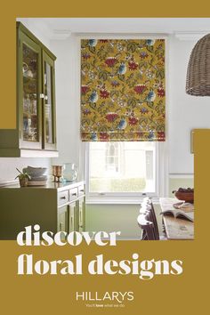 A golden Roman blind with a red, green and blue floral pattern in a kitchen. There are painted green cabinets on one side of the window and a wooden dining table on the other. Kitchen Roman Blinds, Roman Blinds Kitchen, Patterned Blinds, Diy Concrete Planters, House Blinds, Foundation Colors, Guest Bathrooms, Venetian Blinds