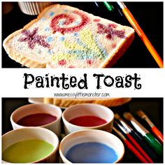 there are several different colored paints in small cups next to bread and paintbrushes