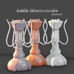 three different colored blenders sitting next to each other on a gray background with the words, bubble flowers recolor